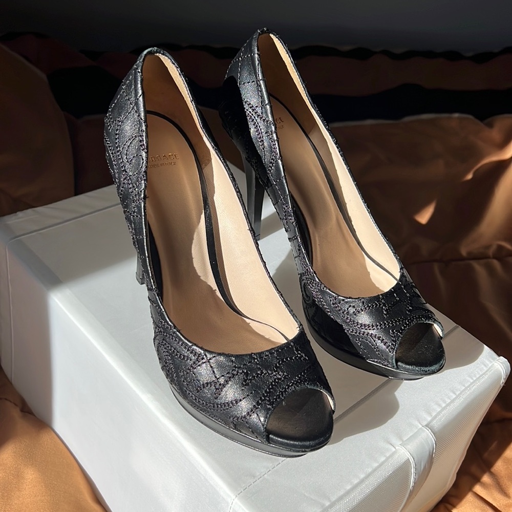 Versace Black Leather Open Toe Pumps High Heel Shoes 39